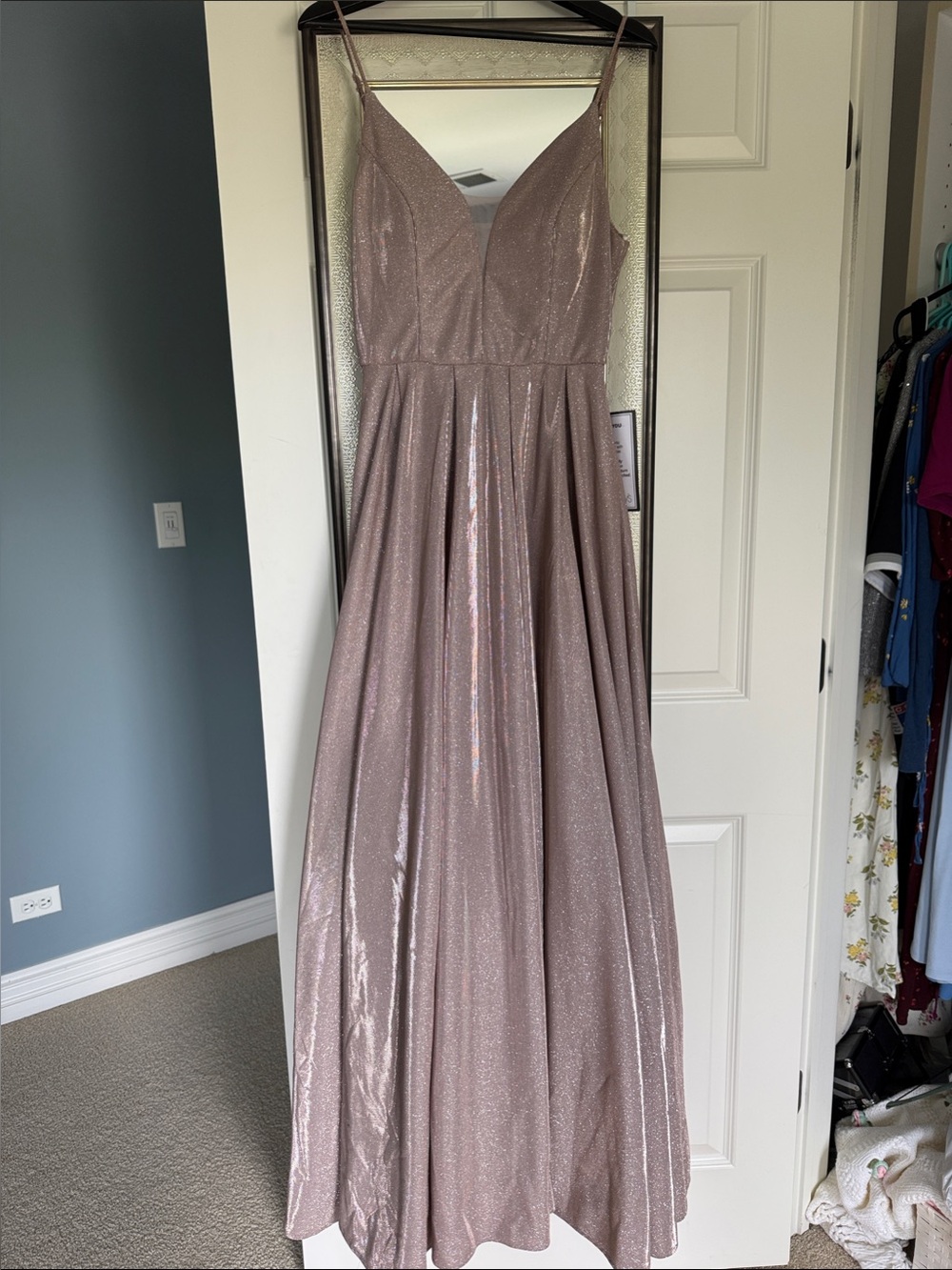 Macy's Rose Pink Shimmer A-Line Spaghetti Strap Gown